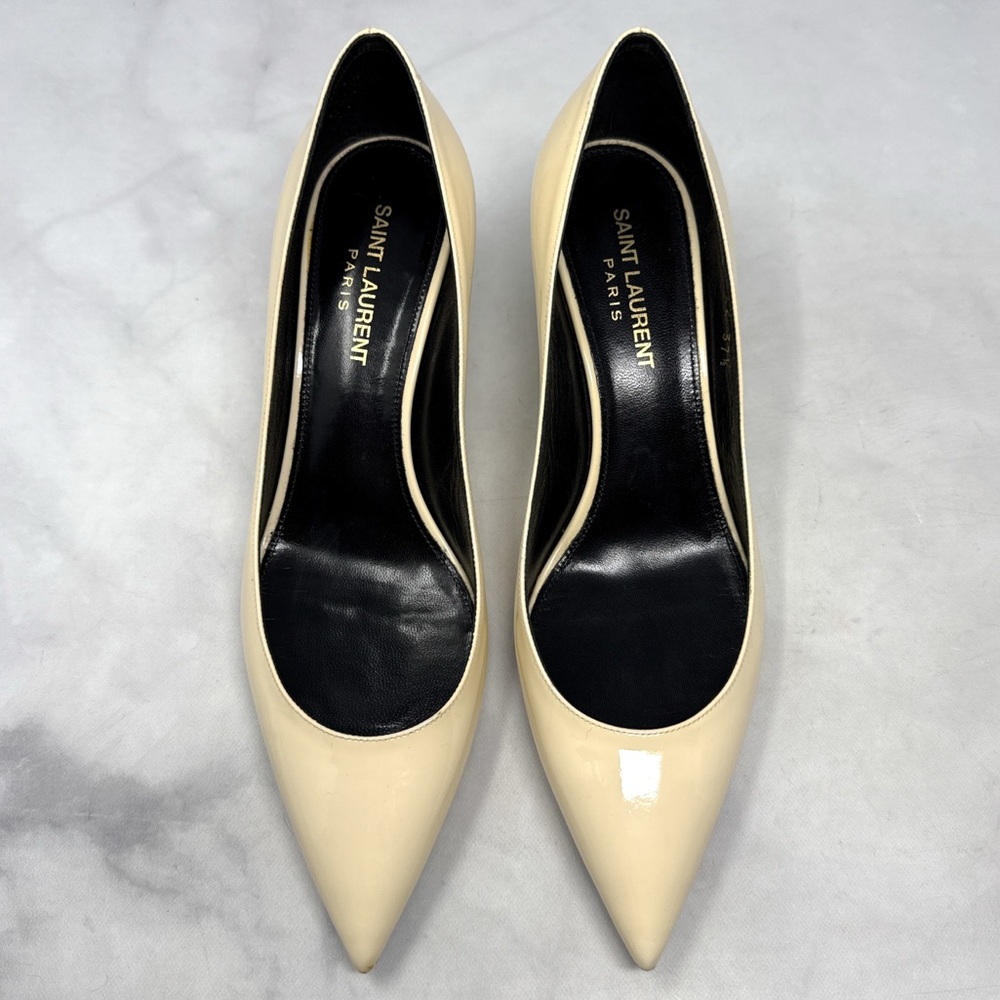 Saint Laurent Charlotte 55 Patent Leather Pointed Toe Kitten Heel Pumps Ivory - Picture 5 of 15